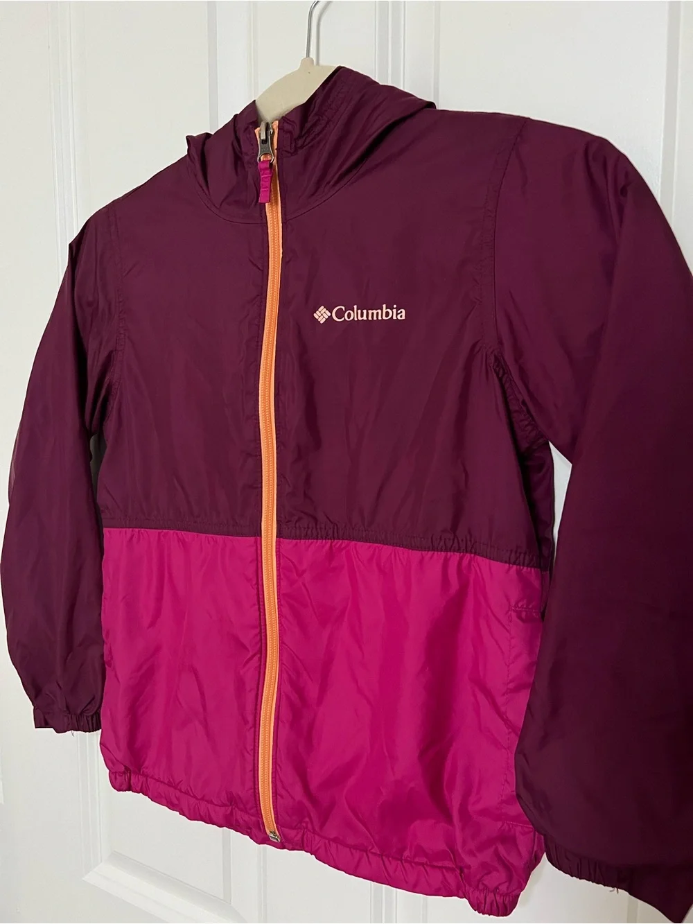Columbia Kids Girls Two-Tone Hooded Jacket - Berry & Hot Pink with Orange Zipper